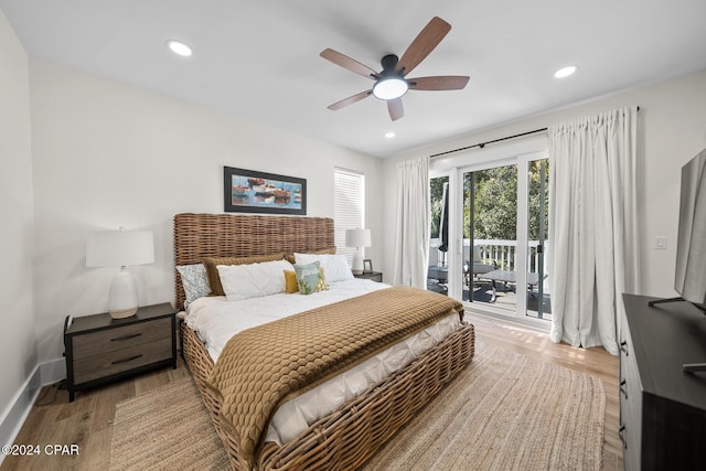 bedroom featuring ceiling fan, access to exterior, and light wood-type flooring