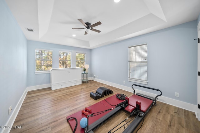 workout room with wood-type flooring, a tray ceiling, and ceiling fan