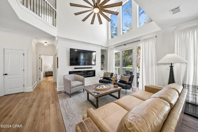 living room featuring light hardwood / wood-style flooring and a towering ceiling