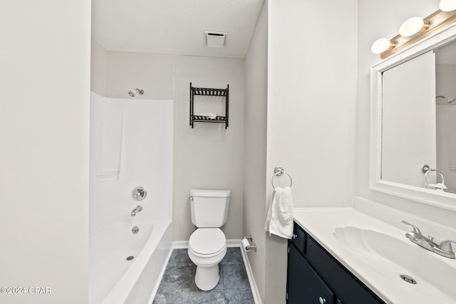 full bathroom featuring vanity, tile patterned floors,  shower combination, and toilet