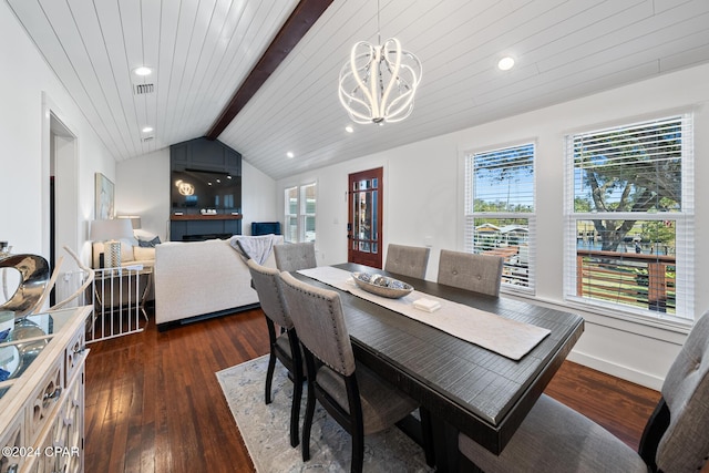 dining area featuring lofted ceiling with beams, dark wood-style floors, and a wealth of natural light