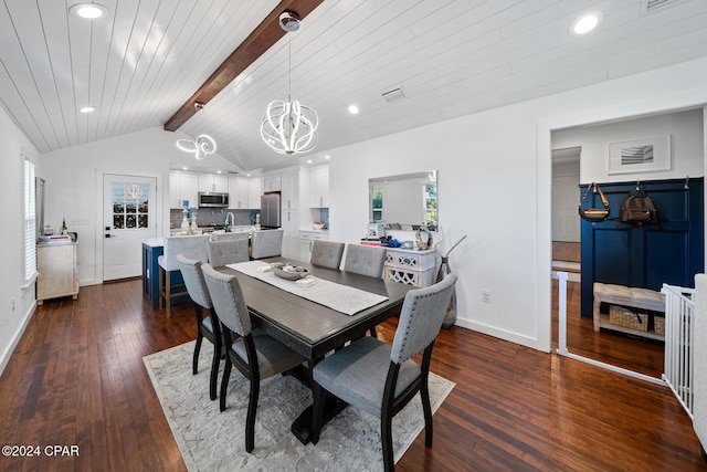 dining room with dark wood-type flooring, plenty of natural light, lofted ceiling with beams, and baseboards