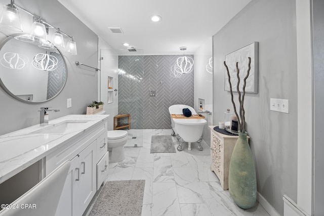 full bath with a walk in shower, vanity, visible vents, a freestanding bath, and marble finish floor