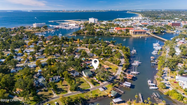 drone / aerial view with a water view