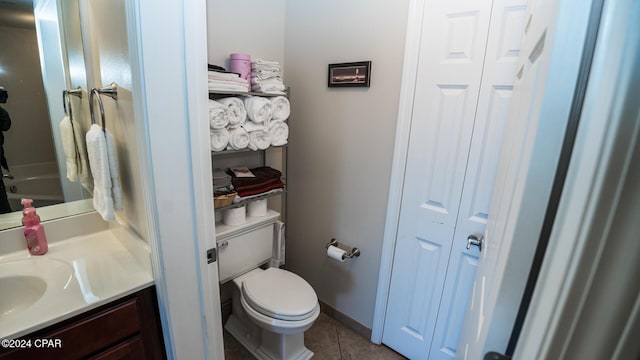 bathroom with tile patterned flooring, vanity, and toilet