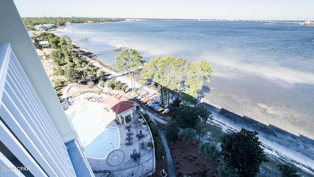 drone / aerial view featuring a water view