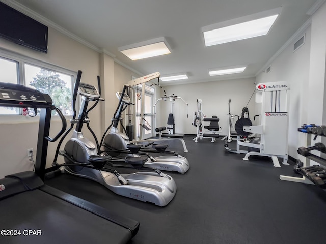 exercise room featuring crown molding