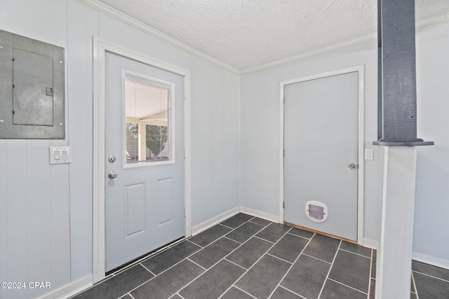 doorway with crown molding, a textured ceiling, and electric panel