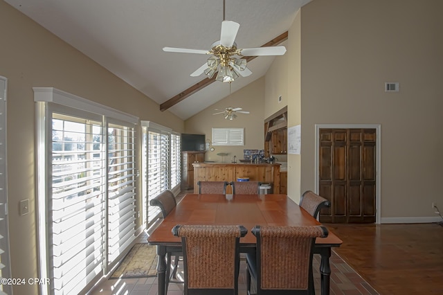 dining area with ceiling fan, high vaulted ceiling, and wood-type flooring