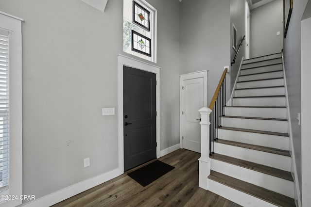 foyer entrance featuring a towering ceiling and dark wood-type flooring