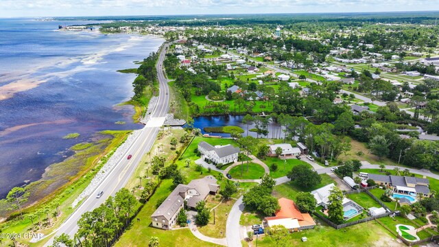 drone / aerial view featuring a water view