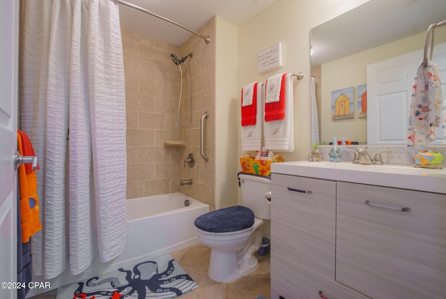 full bathroom featuring tile patterned floors, vanity, shower / bathtub combination with curtain, and toilet