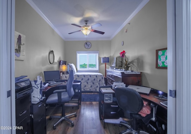 home office with dark hardwood / wood-style flooring, ceiling fan, and crown molding