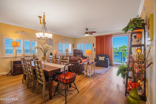 dining area with ceiling fan with notable chandelier, light hardwood / wood-style floors, and ornamental molding