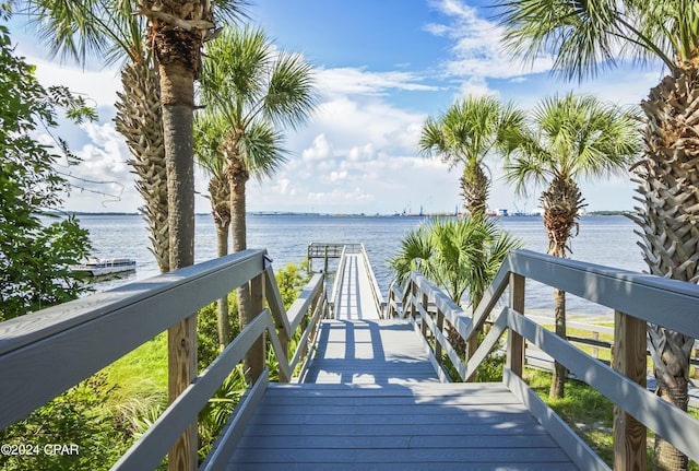 exterior space with a water view