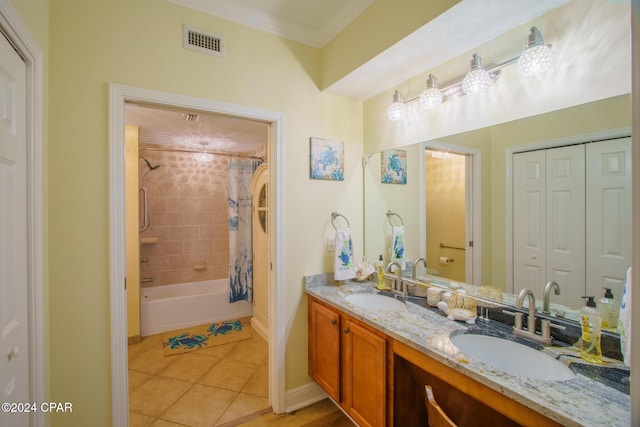 bathroom featuring tile patterned flooring, vanity, shower / bathtub combination with curtain, and crown molding