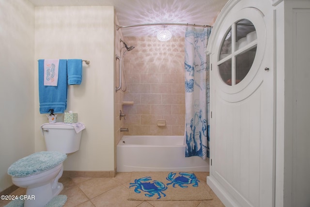 bathroom with tile patterned flooring, toilet, and shower / tub combo with curtain