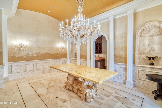 3730 Preserve Bay Blvd, Panama City, FL 32408 - interior space with ornate columns, an inviting chandelier, vaulted ceiling, and ornamental molding