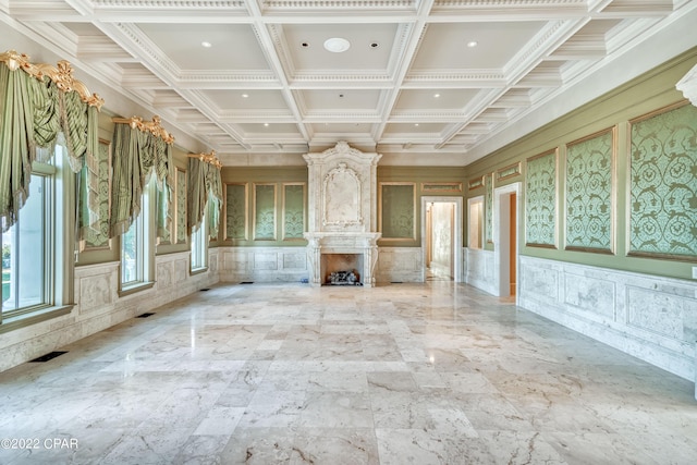 3730 Preserve Bay Blvd, Panama City, FL 32408 - unfurnished living room featuring a premium fireplace, beamed ceiling, and coffered ceiling