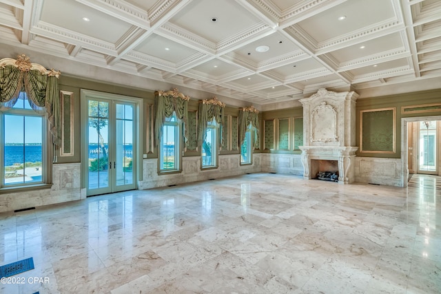 3730 Preserve Bay Blvd, Panama City, FL 32408 - interior space with french doors, a fireplace, a water view, and coffered ceiling