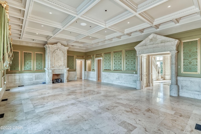 3730 Preserve Bay Blvd, Panama City, FL 32408 - unfurnished living room with ornate columns, ornamental molding, a high end fireplace, and coffered ceiling