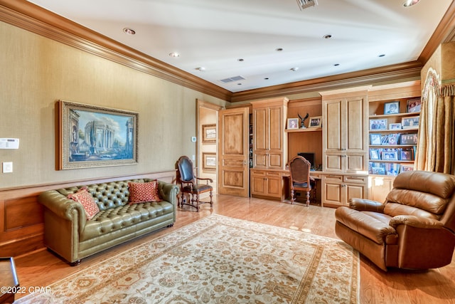 3730 Preserve Bay Blvd, Panama City, FL 32408 - living room featuring light hardwood / wood-style flooring, built in desk, built in features, and ornamental molding