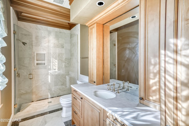 3730 Preserve Bay Blvd, Panama City, FL 32408 - bathroom with tile patterned flooring, an enclosed shower, toilet, vanity, and ornamental molding