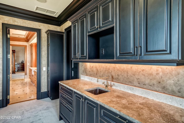 3730 Preserve Bay Blvd, Panama City, FL 32408 - kitchen with light colored carpet, light stone counters, ornamental molding, and sink