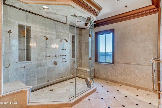 3730 Preserve Bay Blvd, Panama City, FL 32408 - bathroom with an enclosed shower and ornamental molding