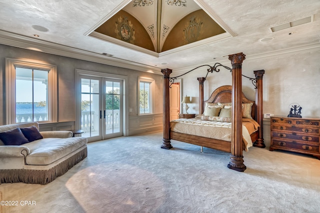 3730 Preserve Bay Blvd, Panama City, FL 32408 - bedroom featuring french doors, access to outside, crown molding, and a water view