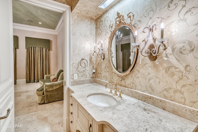 3730 Preserve Bay Blvd, Panama City, FL 32408 - bathroom featuring vanity, crown molding, and a skylight