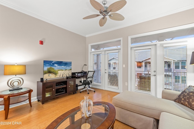 living room with crown molding, french doors, ceiling fan, and hardwood / wood-style floors