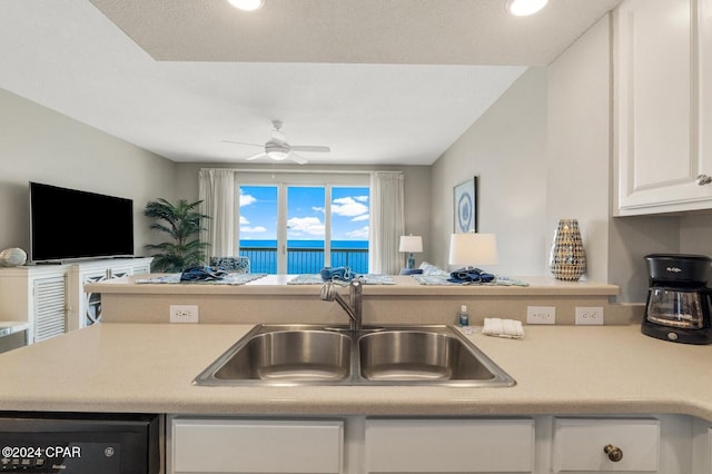 kitchen with dishwasher, ceiling fan, sink, and white cabinets