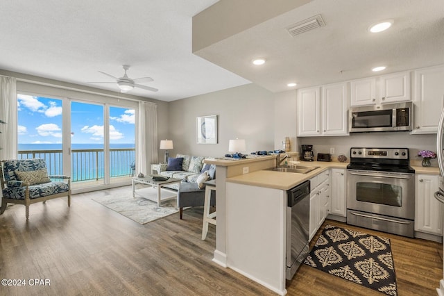 kitchen with kitchen peninsula, stainless steel appliances, sink, a water view, and white cabinets