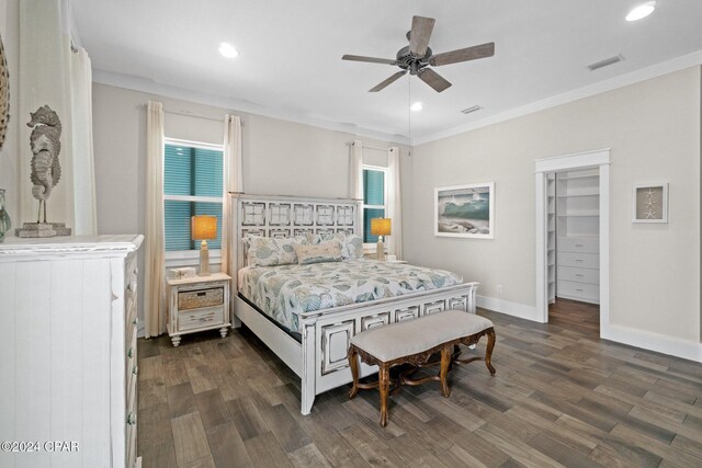 bedroom featuring ceiling fan, dark hardwood / wood-style flooring, a walk in closet, and a closet