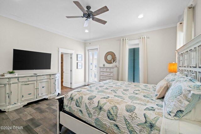 bedroom with dark hardwood / wood-style floors, ceiling fan, and ornamental molding