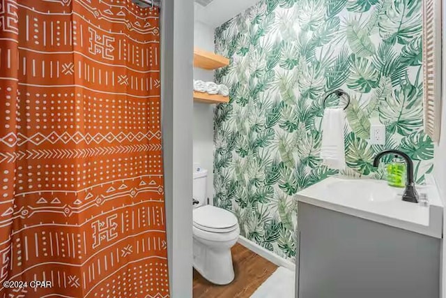 bathroom with toilet, vanity, and hardwood / wood-style flooring