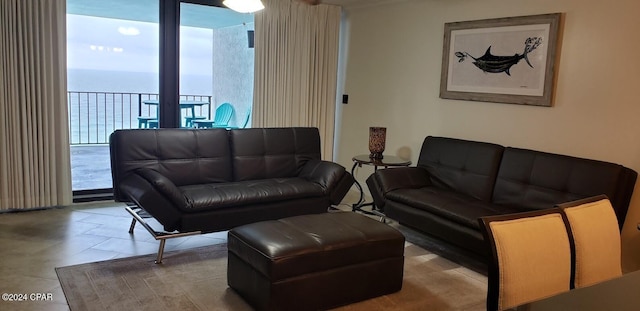 living room featuring a water view