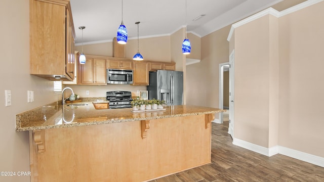 kitchen with kitchen peninsula, stainless steel appliances, vaulted ceiling, and sink