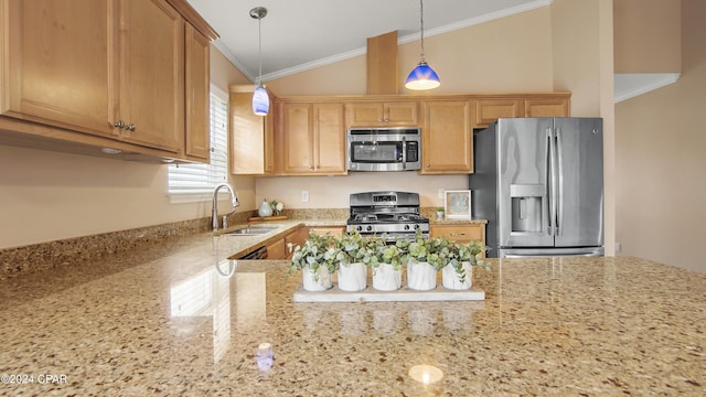 kitchen featuring stainless steel appliances, vaulted ceiling, crown molding, sink, and decorative light fixtures