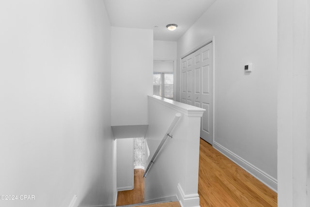 stairway with hardwood / wood-style flooring