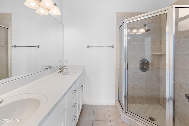 bathroom featuring tile patterned flooring, vanity, and a shower with door