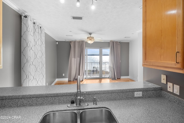 kitchen with a textured ceiling, ceiling fan, and sink