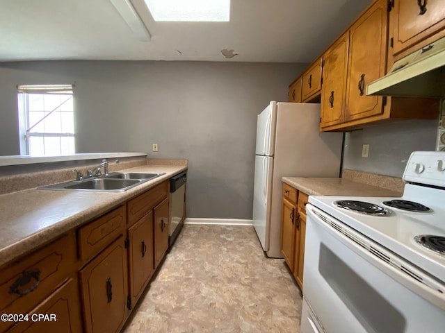 kitchen featuring dishwasher, white range with electric cooktop, and sink