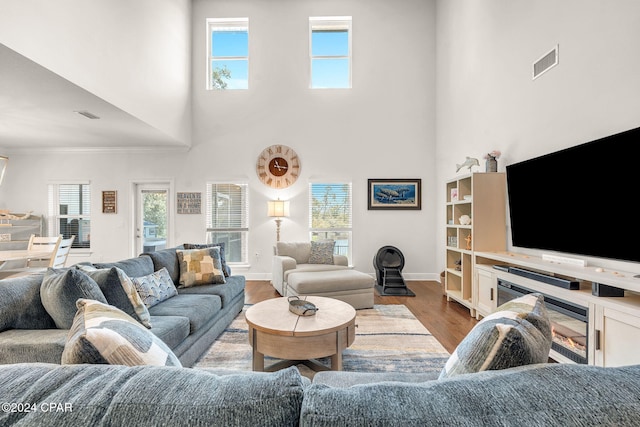 living room with a towering ceiling and wood-type flooring