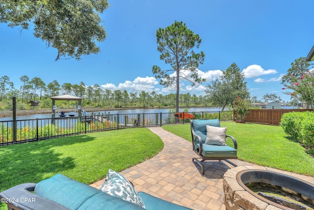 view of patio / terrace with a water view