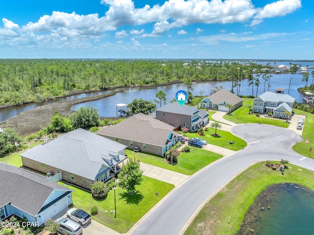 bird's eye view with a water view