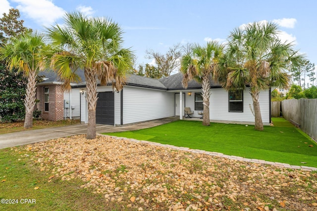 ranch-style home featuring a front yard and a garage