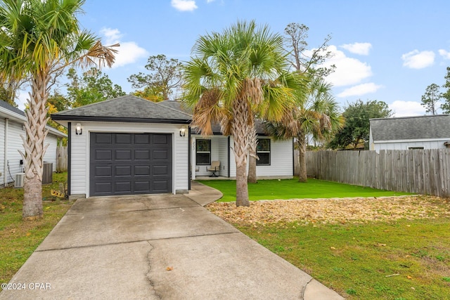 single story home with a garage, a front lawn, and central air condition unit