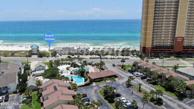 aerial view with a view of the beach and a water view